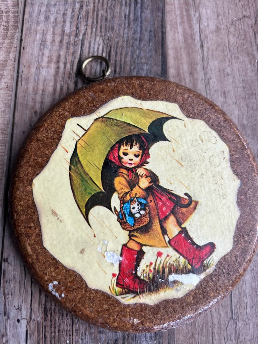 Vintage 1970s Stapco Wood Wall Plaque Little Girl Umbrella Kitten Kitsch Decor